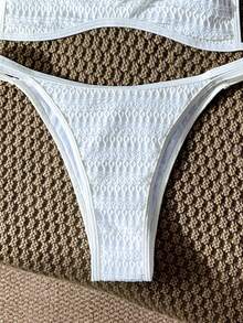 Swim Mod Conjunto de microbikini con tela jacquard y adorno de crochet para mujer, primavera/verano - Beis - Ver 4