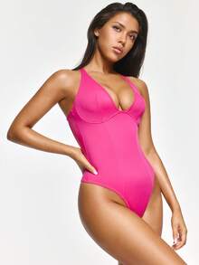 SHAPORA Mono de mujer de unicolor con escote halter y espalda descubierta - Rosa Fucsia - Ver 5