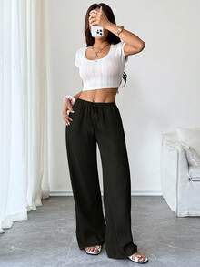 Flirla Petite Women's Solid Color Pocket Drawstring Waist Wide Leg Pants Fall Cloth For Women - Black - View 7