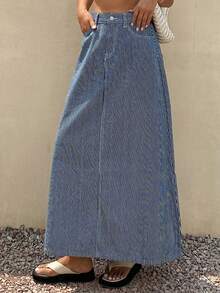 DAZY Chân váy denim dài kẻ sọc kiểu dáng thường ngày dành cho nữ, thích hợp cho mùa xuân và mùa hè. - Xanh và trắng - Xem 5