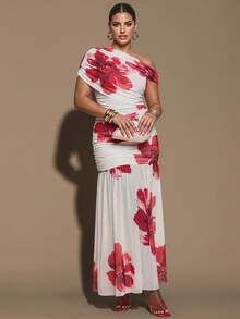 SHEIN BAE Plus Size Women's White Background Red Flower Dress,Women's Plus Size  Mermaid Maxi Dress Elegant Stand Collar Bodycon Ruched Sleeveless Evening Gown,Floral Print, Wrap Dress, Extra-Long Dress For Dates - Multicolor - View 5