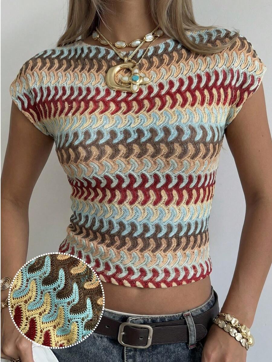 SHEIN EZwear Áo croptop dệt kim kẻ sọc nhiều màu sắc dành cho nữ, thích hợp cho bãi biển và kỳ nghỉ. - Nhiều màu - Xem 1