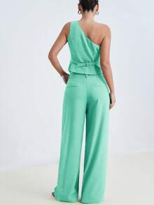 Aveloria Modichic Women's Casual Elegant Tropical Vacation Minimalist Solid Color One Shoulder Single-Breasted Fitted Top And Wide-Leg Pants Set, Spring/Summer Mint - Mint Green - View 2