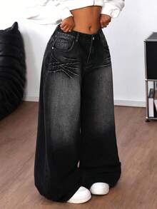 SHEIN Tall CURVE 大尺碼寬腿牛仔褲，附口袋與拉鍊，適合日常穿著 - 黑色 - 查看 7