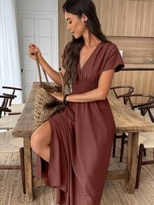 Elouméa Women's Vacation Solid Color Deep Shirred Waist Tie Mid-Length Dress - Brown - View 4