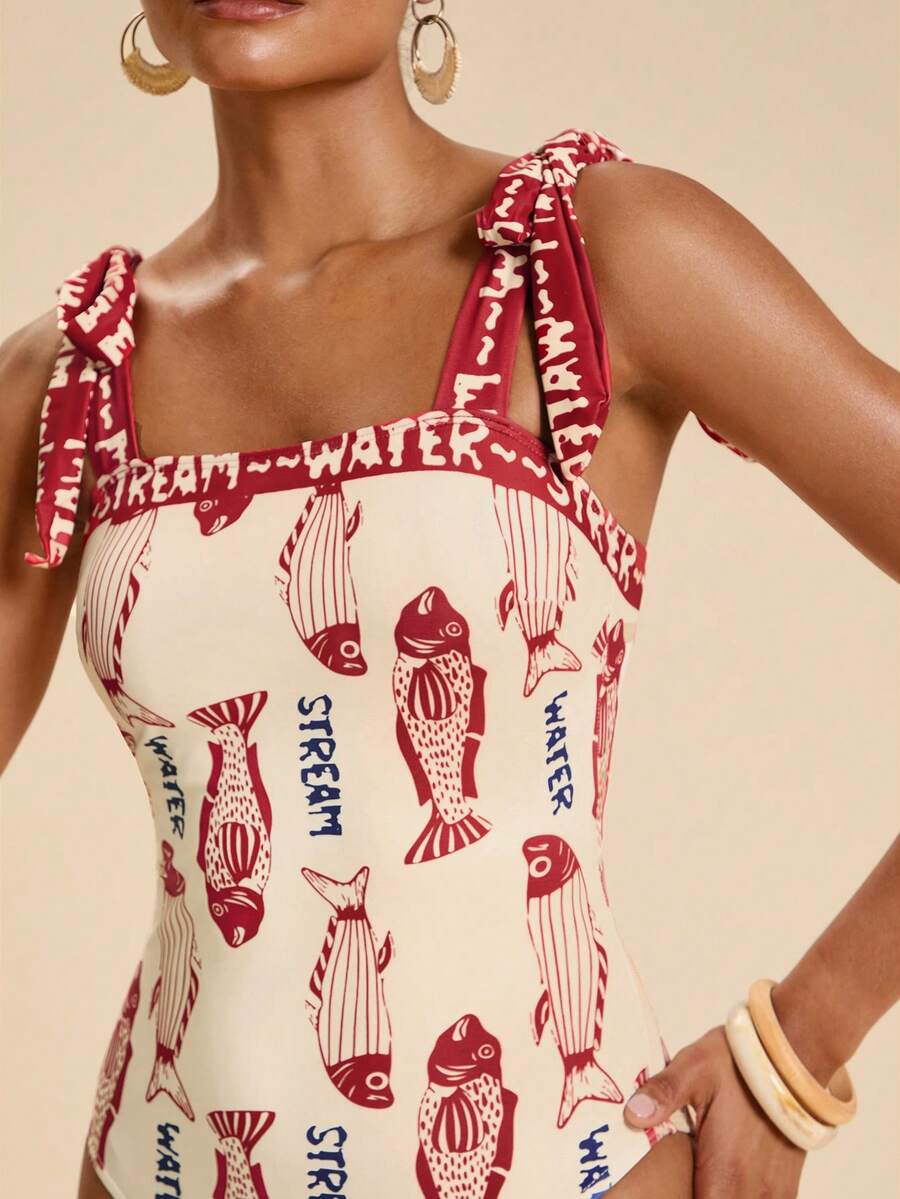 SHEIN TRVLCHIC Women's Vacation Beach Fish Print One-Piece Swimsuit - Multicolor - View 1