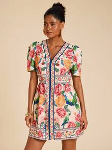 Travachic Spring/Summer Vacation Woven Printed V-Neck Mini Dress For Women - Multicolor - View 6