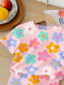SHEIN Happikins 2pcs/Set Young Girl Casual Floral Print Short Sleeve Round Neck T-Shirt And Shorts Set, Suitable For Summer Summer Outfits - Multicolor - View 5