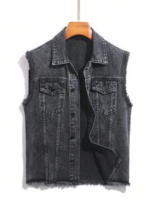 RivetRise Áo vest denim nam dáng suông một hàng cúc, có túi, kiểu dáng thường ngày. - Xám - Xem 3