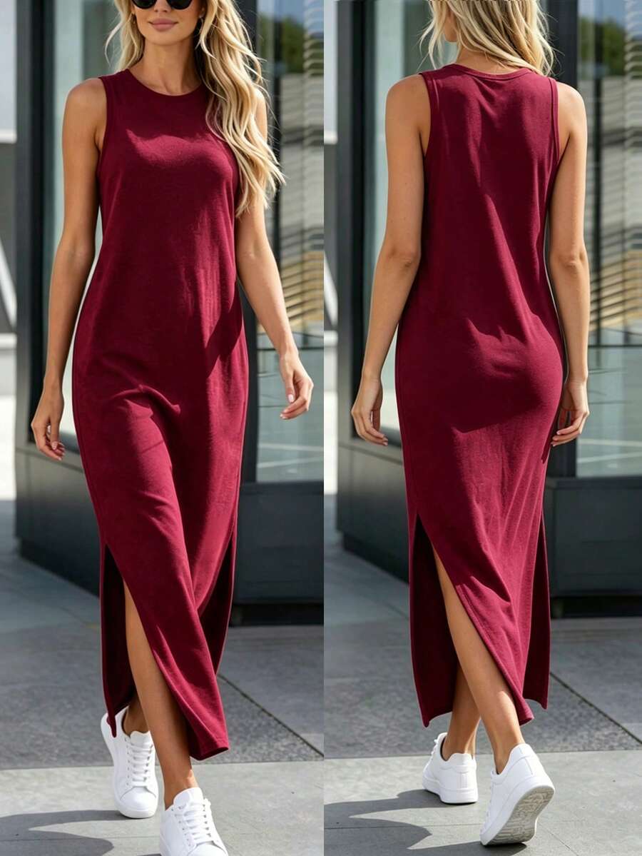 Summer Casual Solid Color Side Slit Sleeveless Dress - Burgundy - View 1