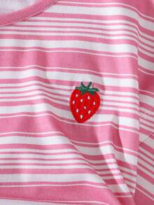 THE HAPPY LOOK Young Girl Light Pink Striped Knit Strawberry Embroidered Short Sleeve Top & Matching Pants Set,Summer Family Vacation Holiday Casual Elegant Outfit - Multicolor - View 3
