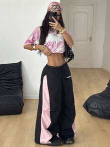 Coolane 女士春夏演唱会街头服饰外出撞色降落伞裤 - 黑色 - 查看 3