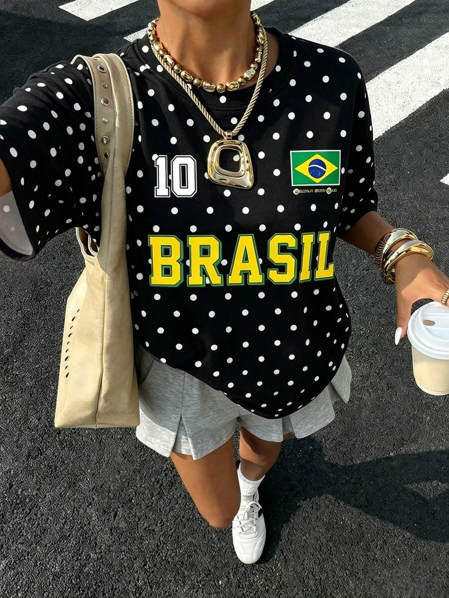 SHEIN EZwear Black Top Polka Dot Top Summer Clothes Brazil Jersey - Multicolor - View 1