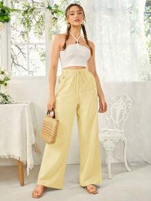 SHEIN Essnce Women's Vacation Casual Solid Color Wide Leg Pants - Light Yellow - View 5