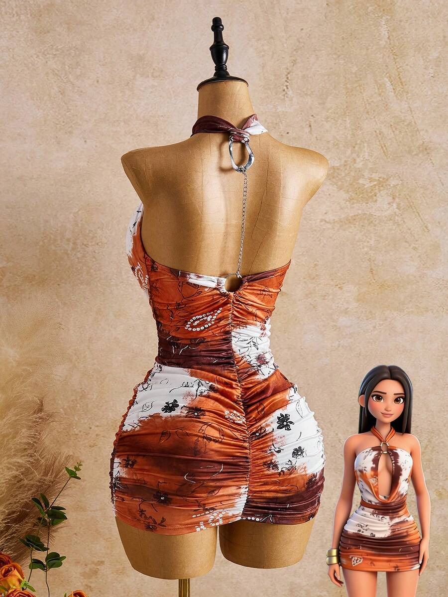Bellisia Sleeveless Halter Neck Bodycon Mini Dress For Women Orange Textured Pattern With Chain Design And Wrinkles - Orange - View 1