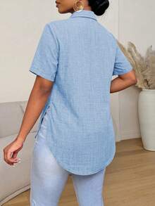Xyvia Summer Casual Solid Color Side Slit Curved Hem Shirt - Baby Blue - View 2