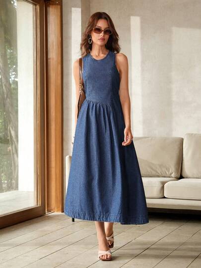 Selenza Women's Round Neck Pleated Casual Sleeveless Denim Dress