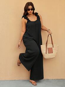 Elaquor Plus Size Women's Casual Sexy Fashion Vacation Wide Leg Jumpsuit - Black - View 4