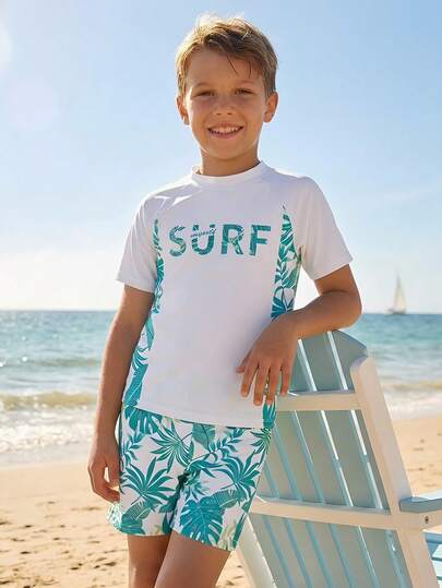 Tween Boy Casual Slim Fit Round Neck Short Sleeve Swimsuit Set, Suitable For Summer, Playful, Tropical Plants, Ocean Blue & Green Tones, Fresh, Printed Pattern, Suitable For Surfing, Beach Vacation, Swimming