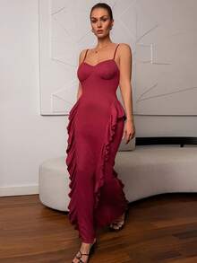 DAZY Red Sexy Charm Knitted Spaghetti Strap Ruffle Hem Maxi Nightgown For Women - Red - View 8