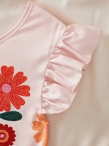 Sparklyn Girls' Dress Pink Floral Summer Boho Cute Party,Vintage Colorful All-Over Print,Small Ruffle Sleeves,Red Bow Back,Loose Straight Silhouette,Vacations - Multicolor - View 5