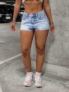 StreetHx Women's Casual Minimalist Light-Colored Distressed Sexy Denim Shorts - Light Wash - View 4
