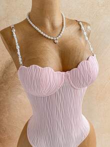 Soleia Damen Hellrosa Sommer Verführerischer Urlaub Geformte Cup Muschel BH mit Bügel Perlen Spaghettiträger Camisole Bodysuit, Boho Date Party Strand - Pink - Übersicht 3