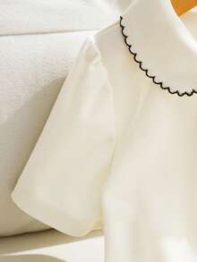Áo thun ngắn tay cổ búp bê thêu hình động vật cho bé gái, kiểu dáng thường ngày đa năng, thích hợp mặc hàng ngày. - Màu be - Xem 8