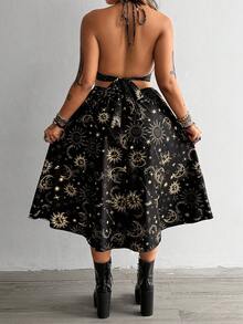 Flirla Plus Size Sexy Backless Halter Starry Sky Print Dress For Vacation - Black - View 2