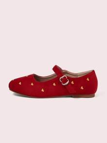 CUCCOO DOLLMOD Women's Shoes, Red Suede Square Toe Flats, Love-Embroidered Retro Mary Jane Shoes - Red - View 8