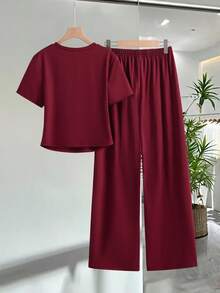 1 pièce, manches courtes, décontracté, imprimé décalé, printemps et été, ensemble de déplacement pour adolescentes, pantalon droit sport et décontracté, ensemble deux pièces léger et confortable à manches courtes. - Rouge foncé - Voir 2