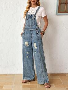EMERY ROSE Bộ jumpsuit denim rách có túi dành cho nữ, kiểu dáng thường ngày, phong cách giản dị. - Màu xanh lam - Xem 4