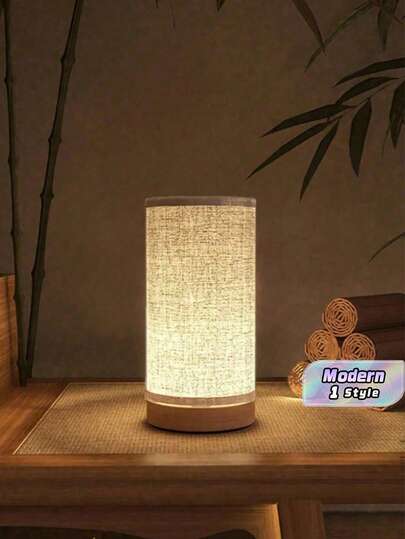 1 Đèn bàn khung gỗ phong cách Scandinavia hiện đại có chụp đèn bằng vải lanh, đèn LED ánh sáng ấm áp có nguồn điện USB, đèn sáng tạo cho phòng ngủ, phòng khách, phòng ăn, văn phòng