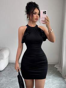 Balvessa Women's Solid Color Ruffle Waist Bodycon Elegant Sexy Dress Night Out Black Summer - Black - View 7