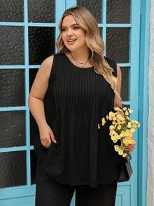 SHEIN CURVE+ 大码女式休闲褶皱无袖白色纯棉上衣 - 黑色 - 查看 10