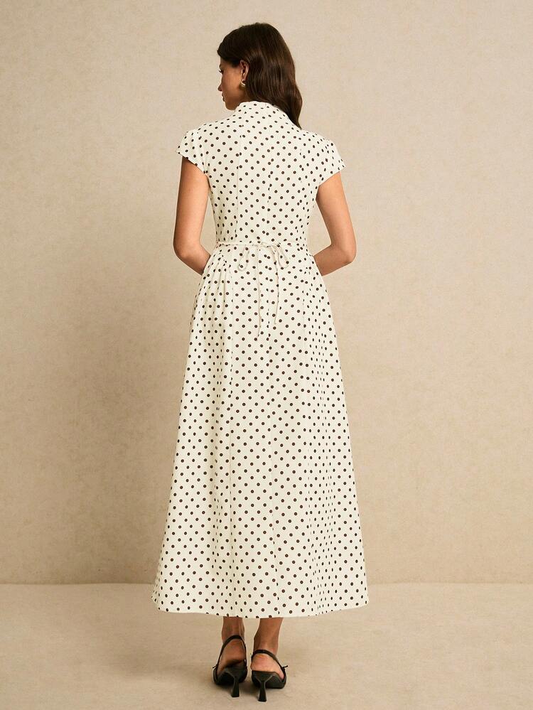 女士波点印花立领短袖优雅连衣裙 - 杏色 - 查看 6