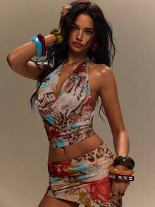 TypaGal Blue Floral Seductive Holiday Summer Boho Tropical Casual Leopard Zebra Floral Print Knitted Halter Neck Top Women Y2K Ibiza Chic Beach  Vacation Tops - Multicolor - View 3