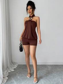 SHEIN PariChic Women's Y2K Sexy Vacation Style Coffee Brown Front-Fastening Metal Button Decor Mini Bodycon Jumpsuit, Spring/Summer - Coffee Brown - View 7