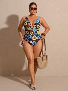Elaquor Traje de baño de una pieza con escote en V profundo y estampado floral para mujer de talla grande - Multicolor - Ver 4