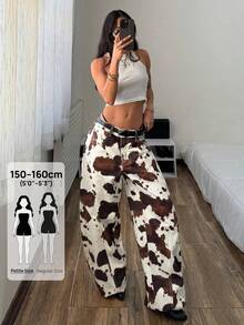 SHEIN PETITE Quần jeans ống loe dáng rộng họa tiết da bò phong cách retro thường ngày dành cho nữ - Nhiều màu - Xem 7