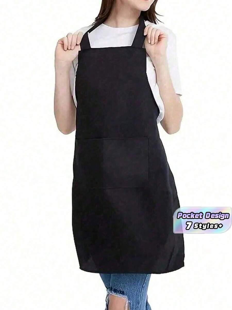 1/3/5/10PCS Women's Polyester Apron With Pockets Thickened Waistband Adjustable Neck Strap Simple Black Apron Suitable For Kitchen Cooking Housekeeping Cleaning Waitress Chef Workwear Restaurant Hotel Cafe Beauty Salon Art Painting Handicraft Gardening Barbecue Party - Multicolor - View 1