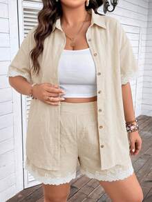 EMERY ROSE Plus Size Lace Patchwork Front Button Blouse And Shorts Casual 2 Pieces Set - Apricot - View 6