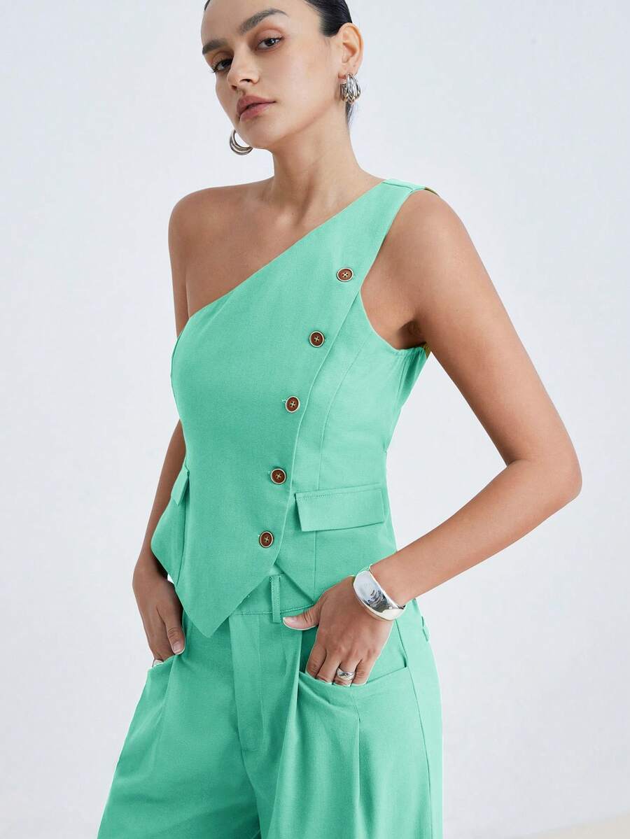 Aveloria Modichic Women's Casual Elegant Tropical Vacation Minimalist Solid Color One Shoulder Single-Breasted Fitted Top And Wide-Leg Pants Set, Spring/Summer Mint - Mint Green - View 1