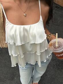 SHEIN EZwear Áo hai dây satin màu mơ cho nữ, kiểu dây bèo nhún. - Màu be - Xem 8