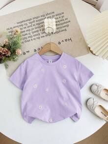 SHEIN LMoss Kids Young Girl Embroidered Loose Fit Crew Neck Casual T-Shirt - Mauve Purple - View 7