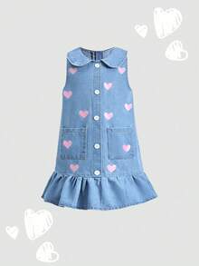 Elladie kids 幼女休閒可愛愛心印花牛仔洋裝，無袖彼得潘領藍色荷葉邊下擺口袋裝飾輕量棉質外出派對夏季洋裝 - 中等水洗藍 - 查看 2