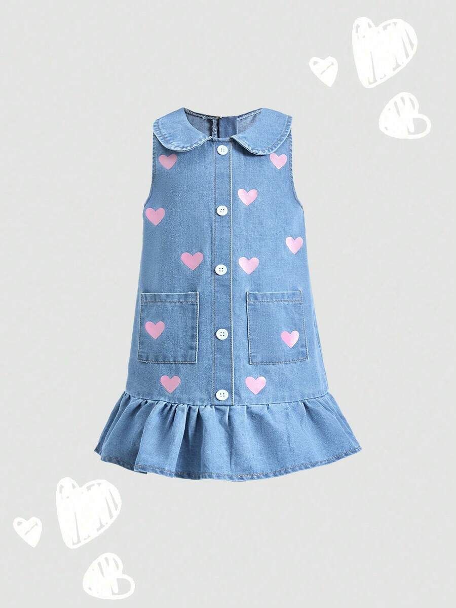 Elladie kids 幼女休閒可愛愛心印花牛仔洋裝，無袖彼得潘領藍色荷葉邊下擺口袋裝飾輕量棉質外出派對夏季洋裝