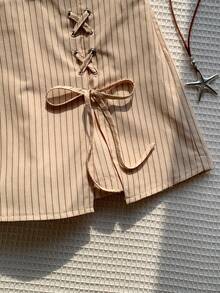 Comfortcana Quần short nữ mùa hè kiểu dáng thường ngày kẻ sọc buộc chéo. - Màu Khaki - Xem 3