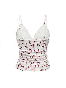 ROMWE Kawaii Plus Size Women Cherry Printed Contrast Lace Camisole, Summer - Multicolor - View 2