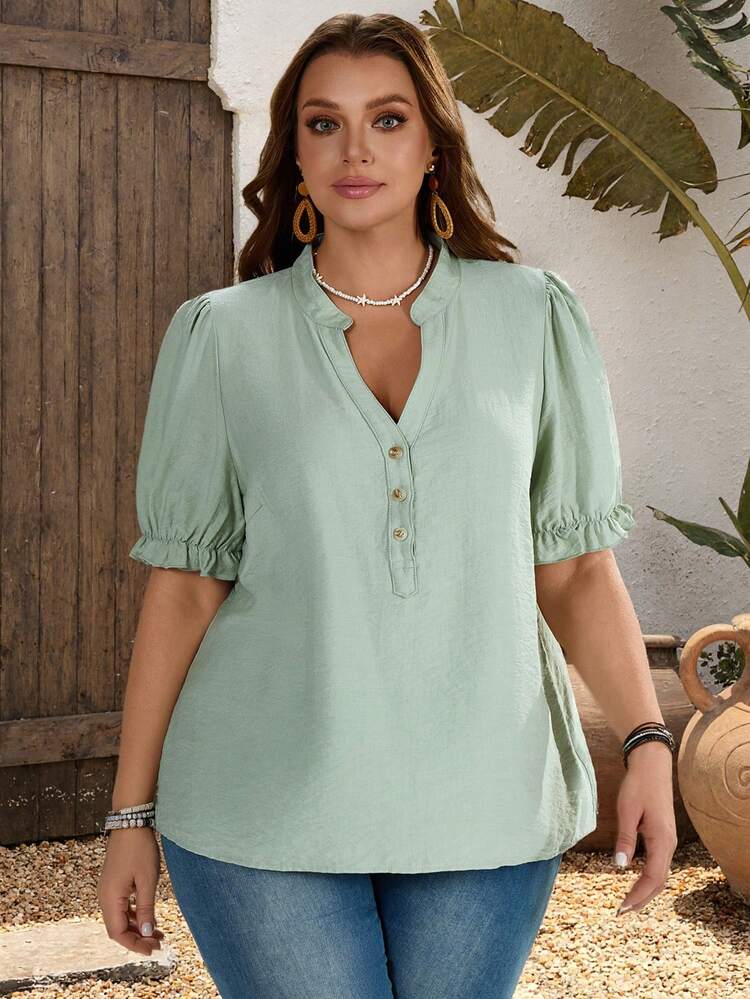 Plus Size Women's Summer Casual Vacation Country Stand Collar Casual Vacation Solid Color Green Blouse Top Shirt,Suitable For Summer Vacation,Casual Holiday Style,Summer Outfits For Women ,Vacation Outfits Women ,Holiday Outfits For Women,Going Out Outfits, New Clothes,Simple And Fashionable For Everyday Wear,Suitable For Summer, Vacation, Daily Wear, Festival Outfits For Women,Country Concert Outfit,Beach Outfits For Women,Western Style,Gifts For Mother,Boho Top
